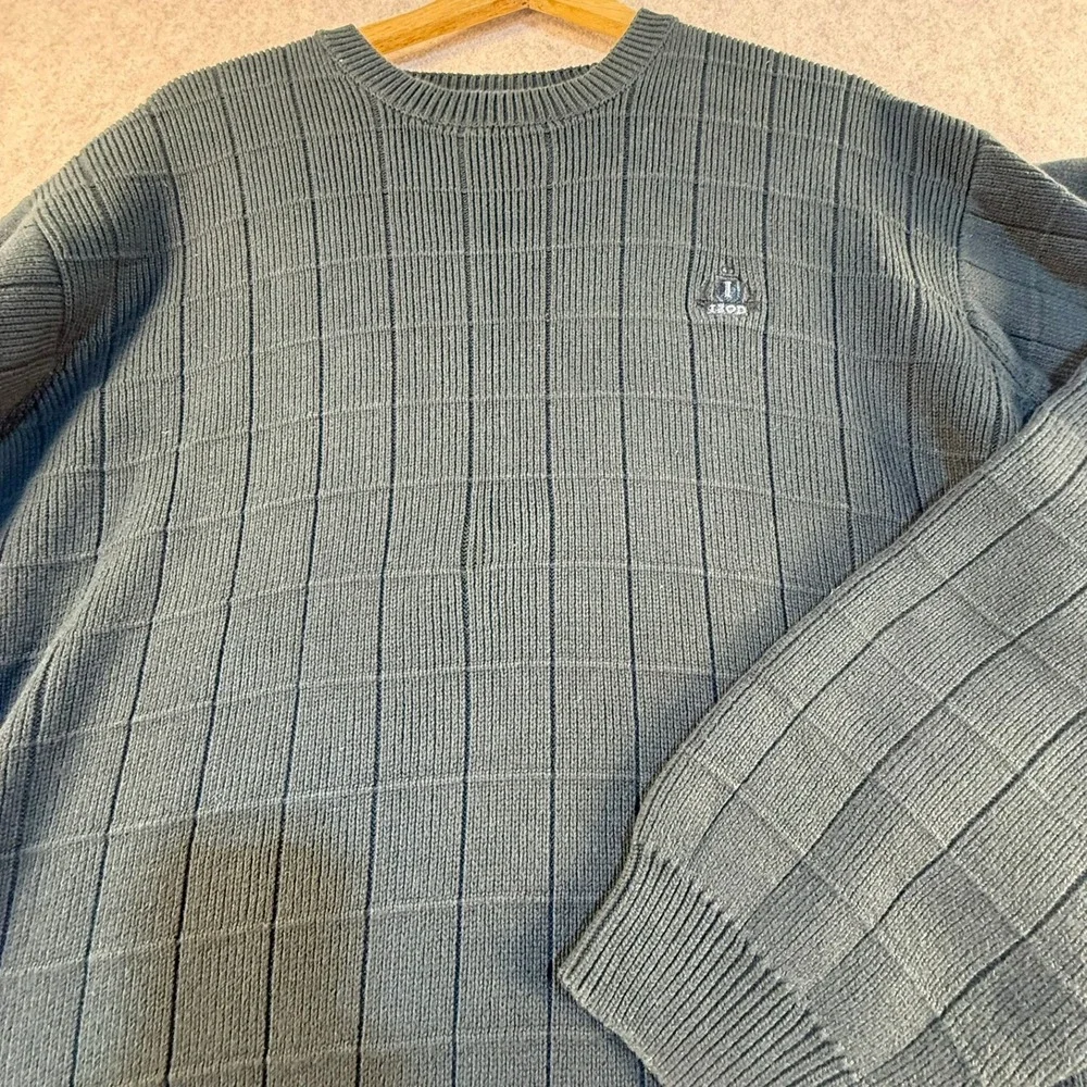 Izod‎ Mens Green Textured Grid Knit Cotton Crewneck Sweater Size Large T0898